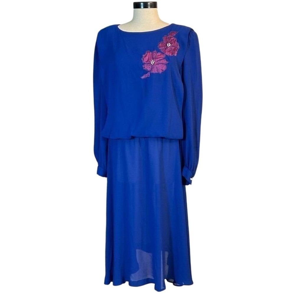 Vintage 80s Royal Blue Floral Applique Pearl Blouson Midi Dress Med / Large